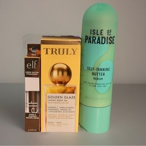 Isle of Paradise Tanner w Elf Glitter Eyeshadow-Truly and Golden Glaze Body Oil